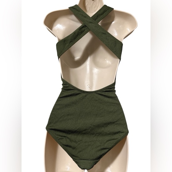 NWT Shoshanna Plisse Halter Neck One Piece Swimsuit Olive Green - 8 - Picture 4 of 6